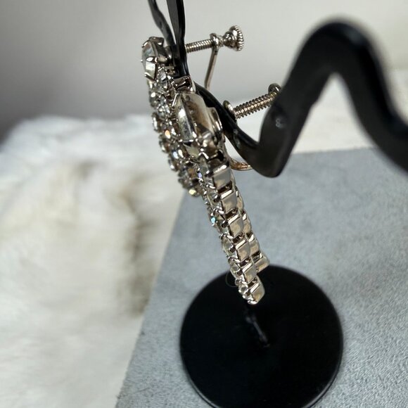 Vintage Clear Rhinestone Fringe Silver Tone Screw Back Earrings - Picture 4 of 9